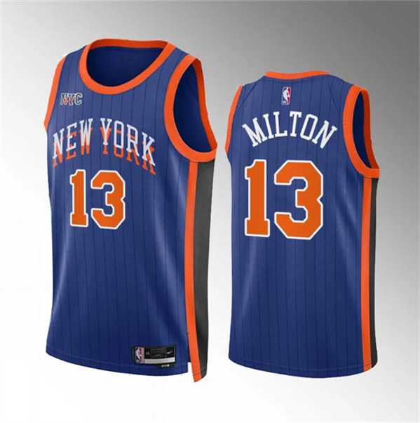 Mens New Yok Knicks #13 Shake Milton Blue 2023-24 City Edition Stitched Basketball Jersey Dzhi->->NBA Jersey